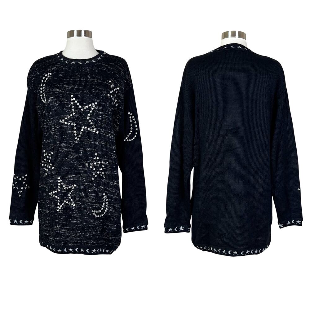 Vintage | 90s Moon Stars Rhinestone Sparkle Black Silver Pullover Sweater Small